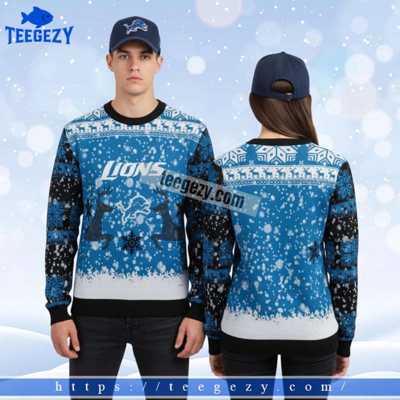 Detroit Lions Reindeer Pattern Mens Christmas Ugly Sweater Blue Detroit Lions Reindeer Pattern Mens Christmas Ugly Sweater Blue