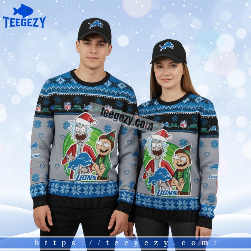 Detroit Lions Rick And Morty Xmas Party Ugly Sweater Blue Detroit Lions Rick And Morty Xmas Party Ugly Sweater Blue