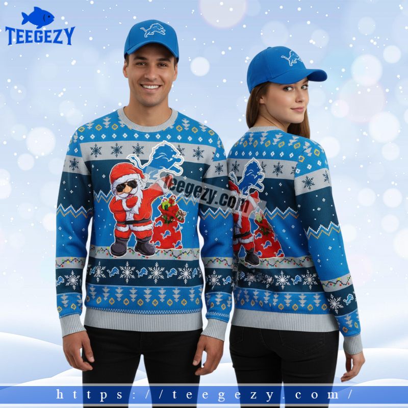 Detroit Lions Santa Claus Snowman Womens Xmas Ugly Sweater Blue
