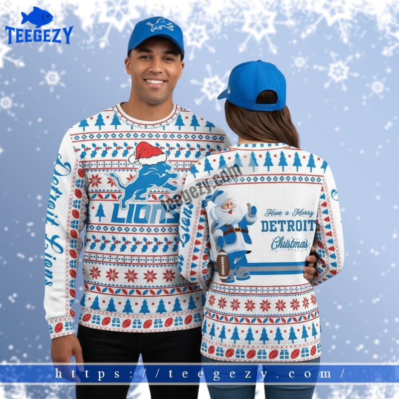 Detroit Lions Santa Claus Merry Xmas Vintage Ugly Christmas Sweater White