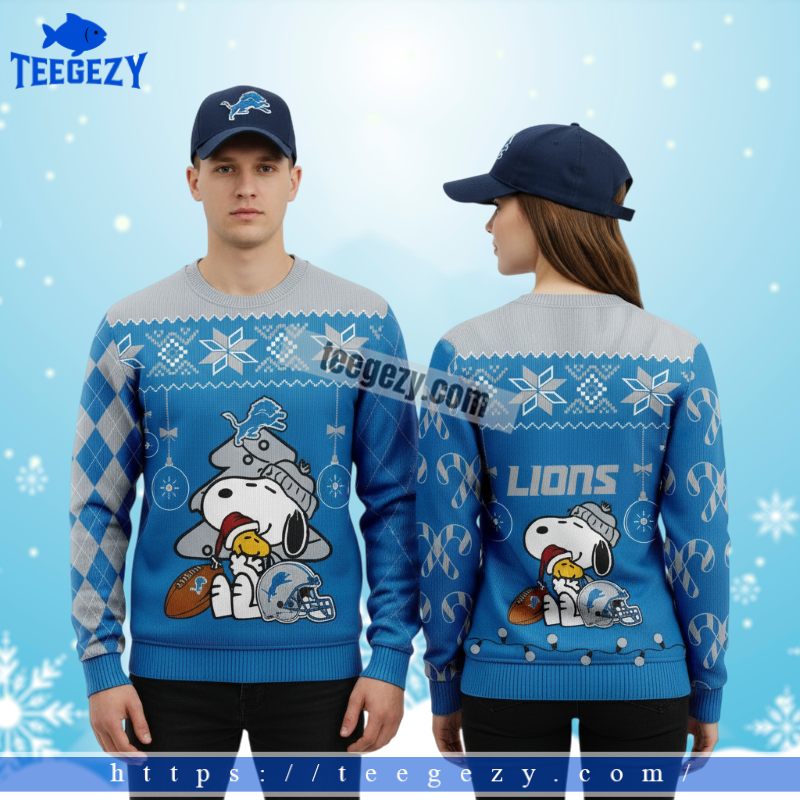 Detroit Lions Snoopy Hug Woodstock Mens Christmas Ugly Sweater Blue