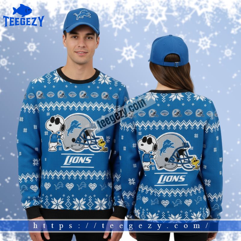 Detroit Lions Snoopy Woodstock Womens Christmas Ugly Sweater Blue Detroit Lions Snoopy Woodstock Womens Christmas Ugly Sweater Blue