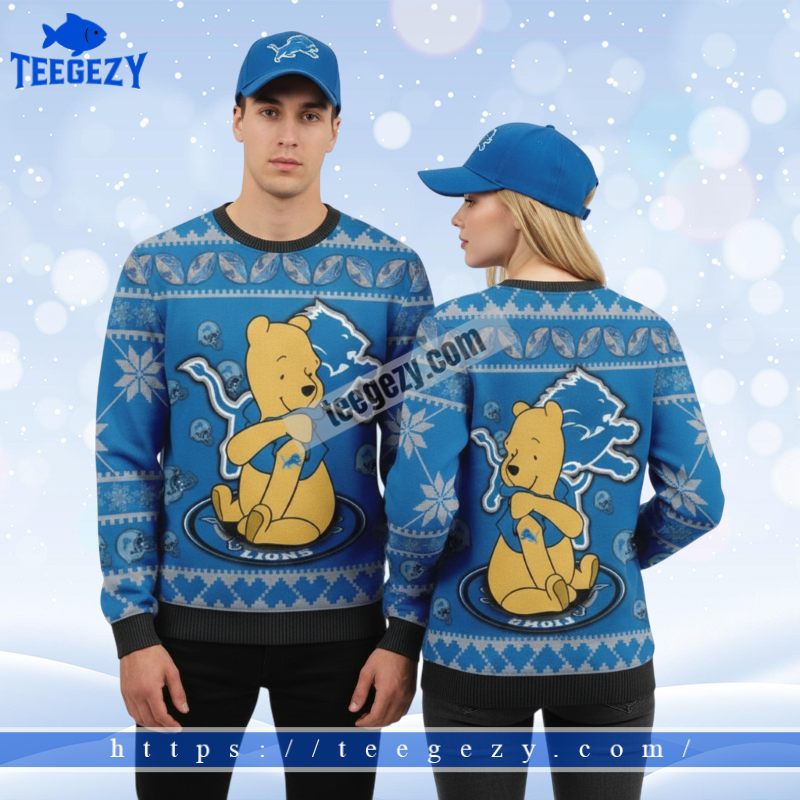 Detroit Lions Winnie The Pooh Xmas Party Ugly Sweater Blue Detroit Lions Winnie The Pooh Xmas Party Ugly Sweater Blue