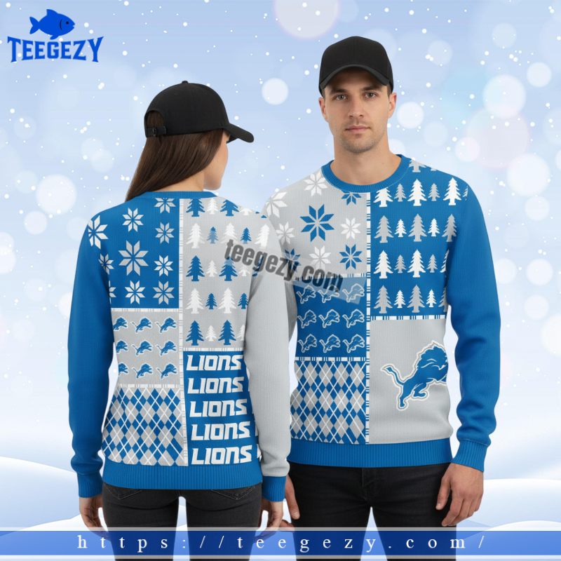 Detroit Lions Xmas Tree Big Tall Christmas Ugly Sweater Blue Detroit Lions Xmas Tree Big Tall Christmas Ugly Sweater Blue