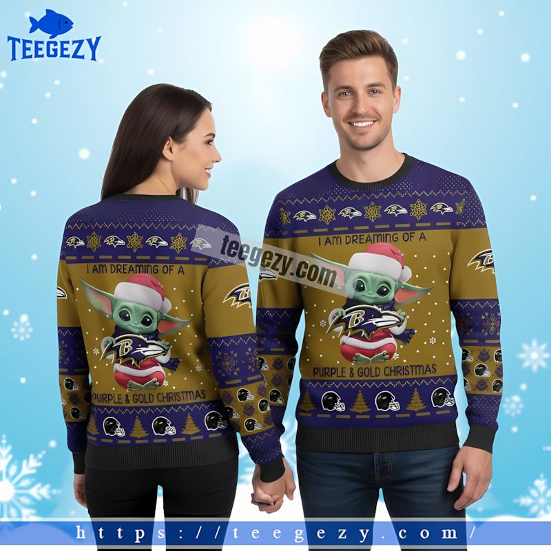 Dream Gold Christmas Baby Yoda Baltimore Ravens Purple Funny Ugly Sweater Dream Gold Christmas Baby Yoda Baltimore Ravens Purple Funny Ugly Sweater