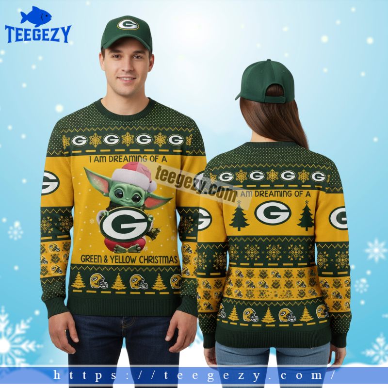 Green Bay Packers Baby Yoda Claus Mens Christmas Ugly Sweater Yellow Green Bay Packers Baby Yoda Claus Mens Christmas Ugly Sweater Yellow