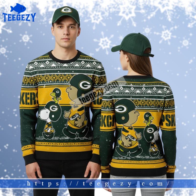 Green Bay Packers Charlie Snoopy Mens Christmas Ugly Sweater Brown Green Bay Packers Charlie Snoopy Mens Christmas Ugly Sweater Brown