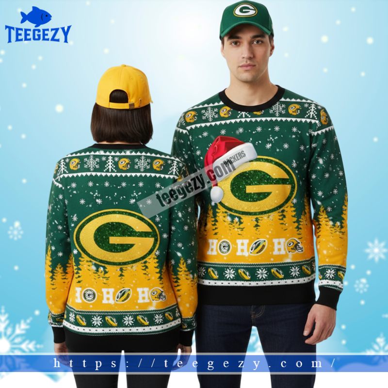 Green Bay Packers Ho Ho Ho Santa Hat Plus Size Christmas Ugly Sweater Yellow Green Bay Packers Ho Ho Ho Santa Hat Plus Size Christmas Ugly Sweater Yellow