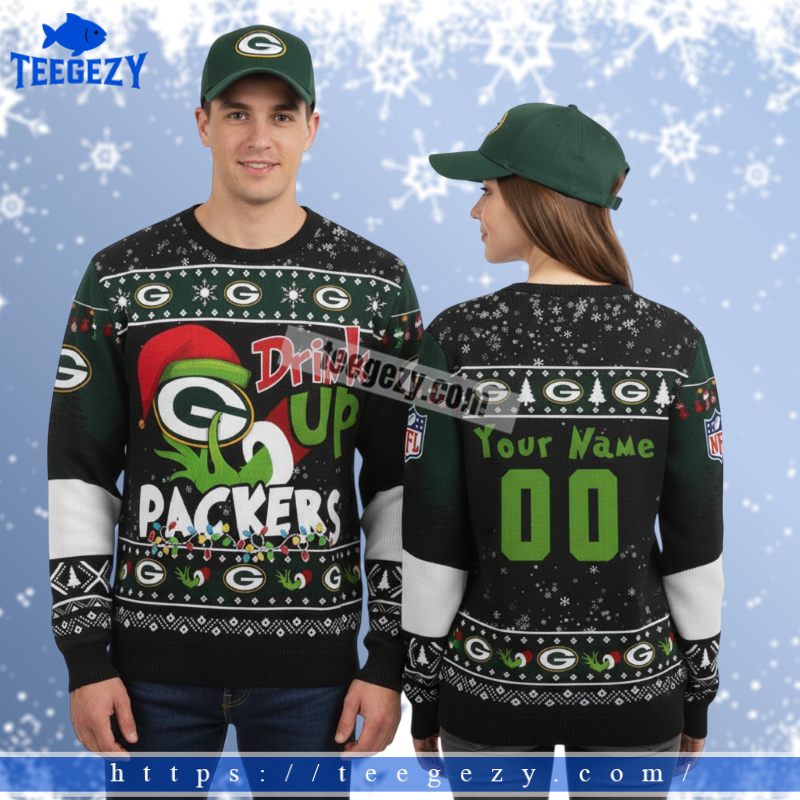 Personalized Green Bay Packers Grinch Drink Up Womens Xmas Ugly Sweater Personalized Green Bay Packers Grinch Drink Up Womens Xmas Ugly Sweater