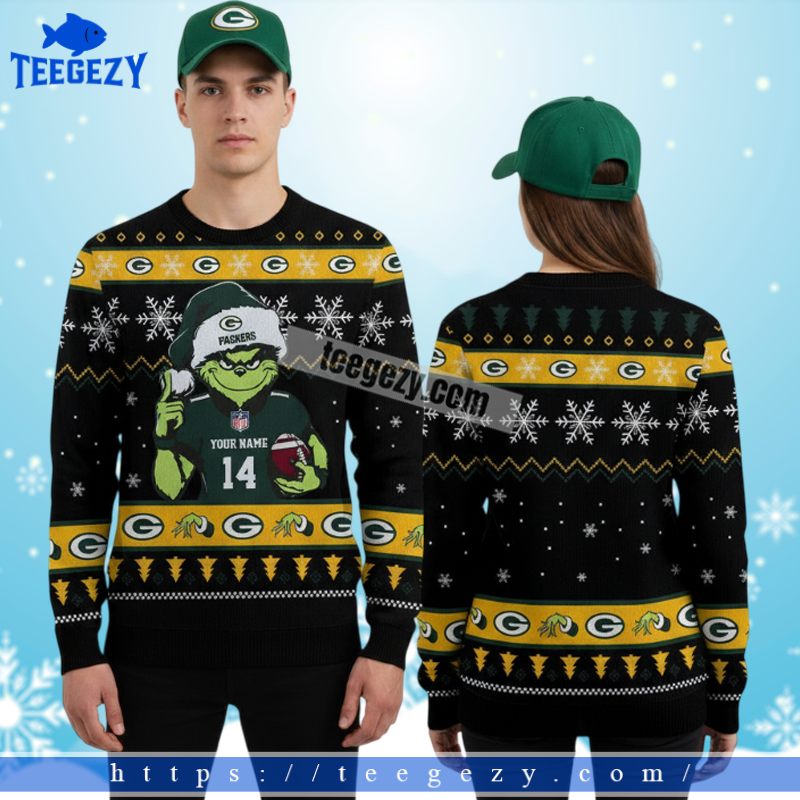 Personalized Green Bay Packers Grinch Player Vacation Ugly Christmas Sweater Black Personalized Green Bay Packers Grinch Player Vacation Ugly Christmas Sweater Black
