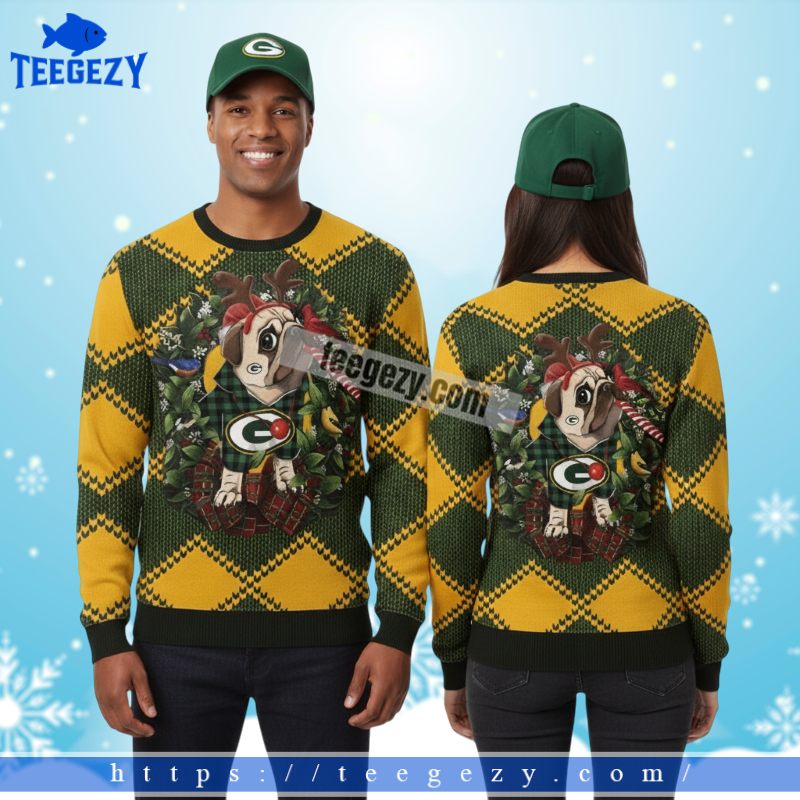 Green Bay Packers Pug Dog Mens Christmas Ugly Sweater Yellow Green Bay Packers Pug Dog Mens Christmas Ugly Sweater Yellow