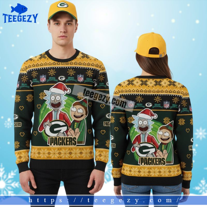 Green Bay Packers Rick And Morty Mens Christmas Ugly Sweater Yellow Green Bay Packers Rick And Morty Mens Christmas Ugly Sweater Yellow