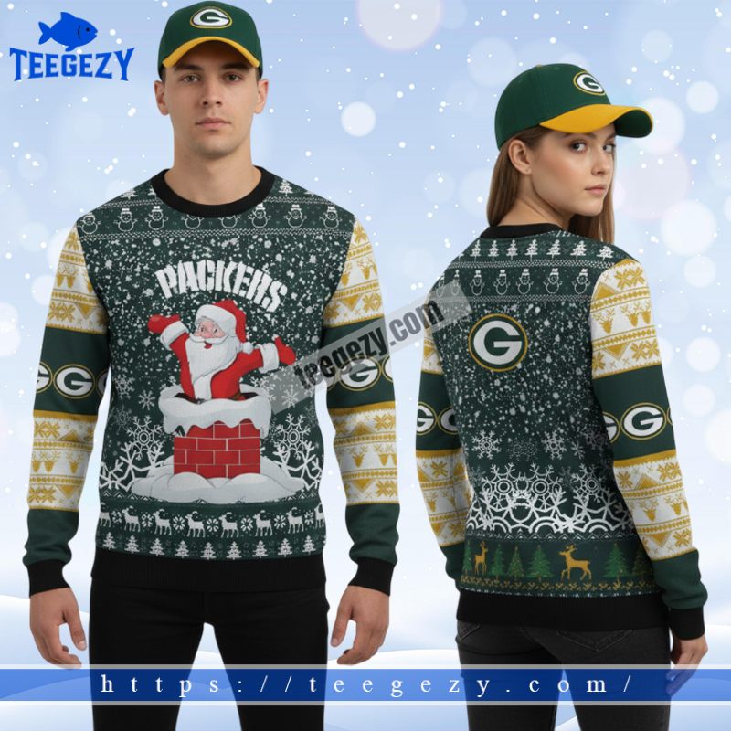Green Bay Packers Santa Claus Chymney Vacation Ugly Christmas Sweater Green Bay Packers Santa Claus Chymney Vacation Ugly Christmas Sweater
