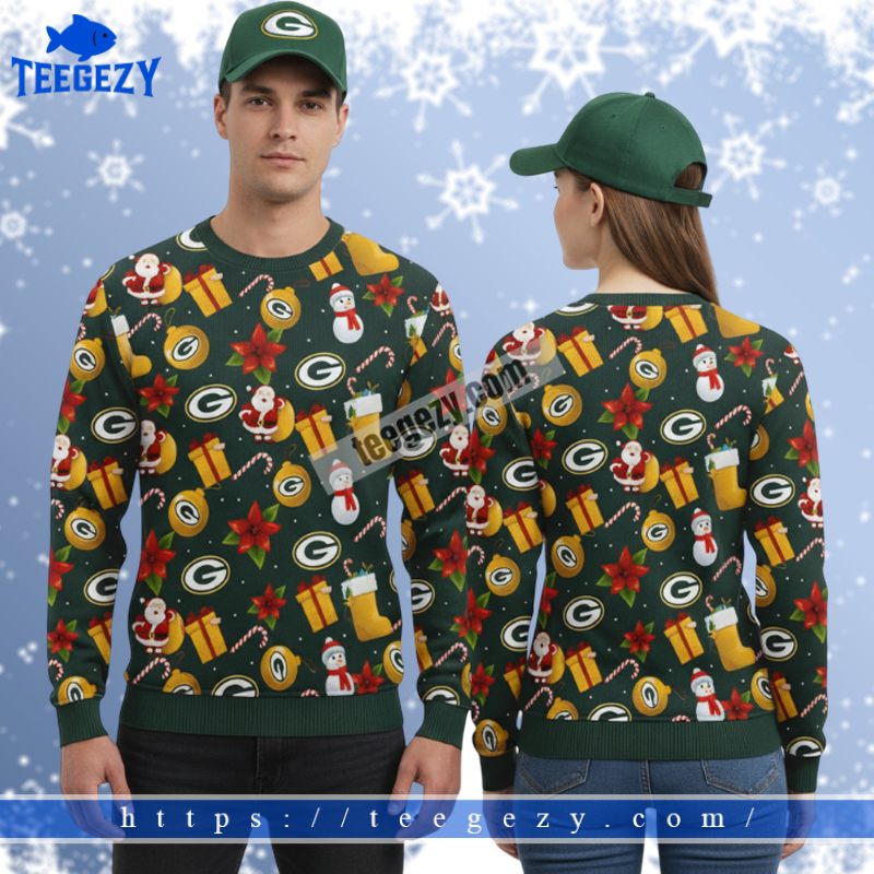 Green Bay Packers Santa Claus Snowman Funny Xmas Ugly Sweater Green Bay Packers Santa Claus Snowman Funny Xmas Ugly Sweater