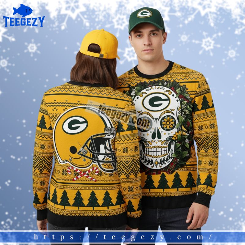 Green Bay Packers Skull Flowers Funny Christmas Ugly Sweater Yellow Green Bay Packers Skull Flowers Funny Christmas Ugly Sweater Yellow