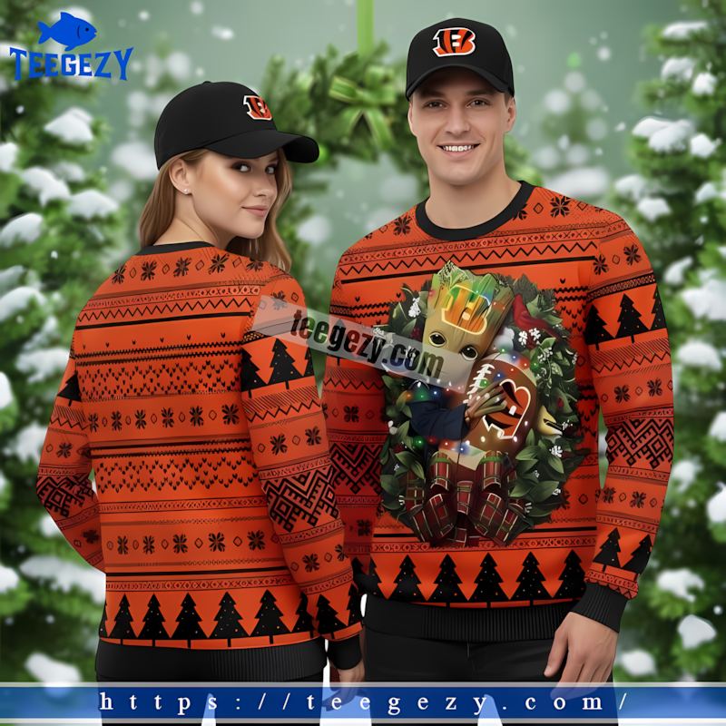 Groot Christmas Wreath Cincinnati Bengals Black Orange Cheap Ugly Christmas Sweater Groot Christmas Wreath Cincinnati Bengals Black Orange Cheap Ugly Christmas Sweater