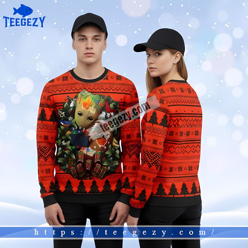 Groot Hug Cleveland Browns Orange Black Christmas Sweater Women Groot Hug Cleveland Browns Orange Black Christmas Sweater Women