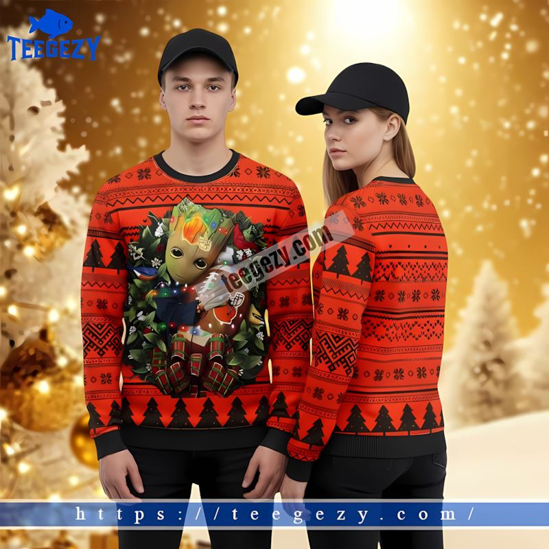 Groot Hug Cleveland Browns Orange Black Christmas Sweater Women Groot Hug Cleveland Browns Orange Black Christmas Sweater Women