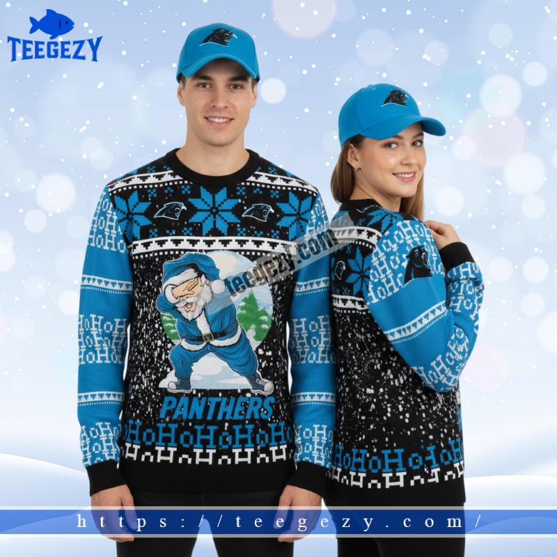 Ho Ho Ho Carolina Panthers Santa Claus Blue Ladies Ugly Sweater Ho Ho Ho Carolina Panthers Santa Claus Blue Ladies Ugly Sweater