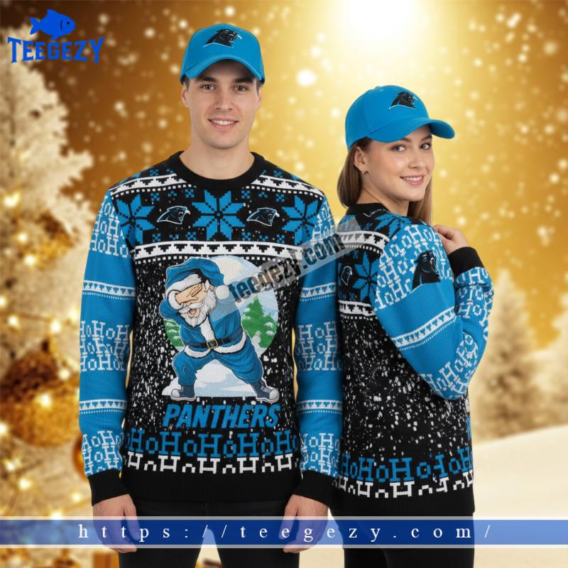 Ho Ho Ho Carolina Panthers Santa Claus Blue Ladies Ugly Sweater Ho Ho Ho Carolina Panthers Santa Claus Blue Ladies Ugly Sweater