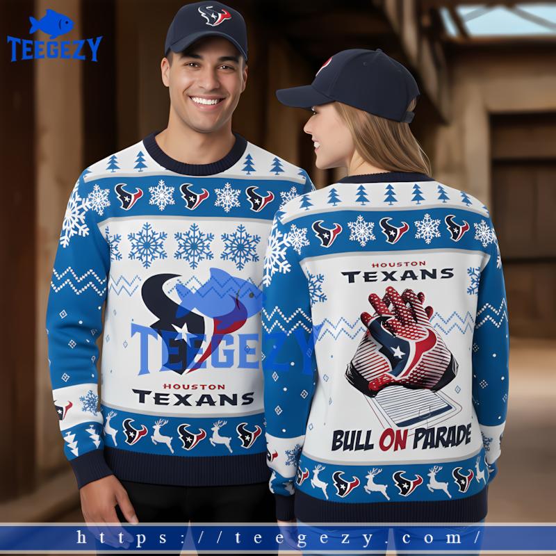 Houston Texans Bulls On Parade White Blue Cool Ugly Christmas Sweater