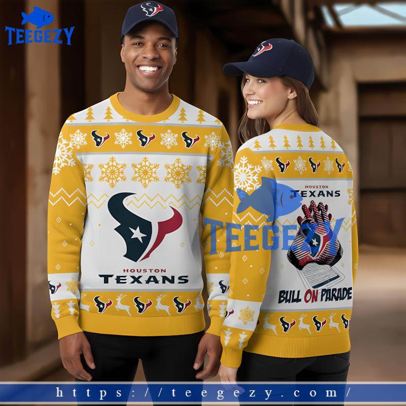 Houston Texans Bulls On Parade Yellow White Cheap Ugly Christmas Sweater