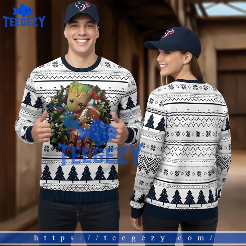 Houston Texans Groot Wreath White Vacation Ugly Christmas Sweater