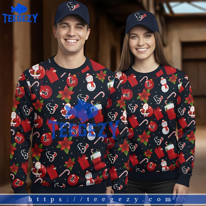 Houston Texans Santa Snowman Black Red Party Ugly Christmas Sweater