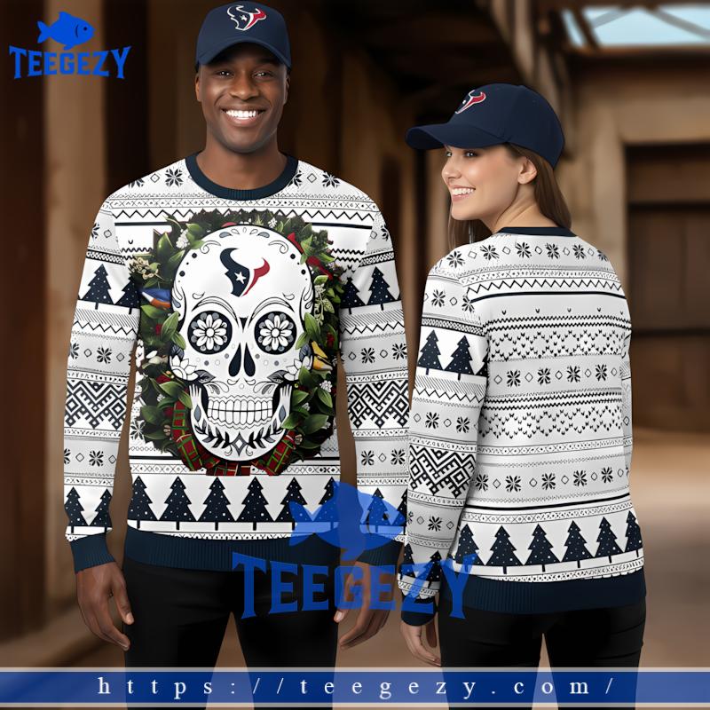 Houston Texans Skull Wreath White Vintage Ugly Christmas Sweaters