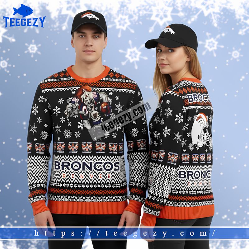 Mascot Denver Broncos Family Christmas Ugly Sweater Black Orange Mascot Denver Broncos Family Christmas Ugly Sweater Black Orange
