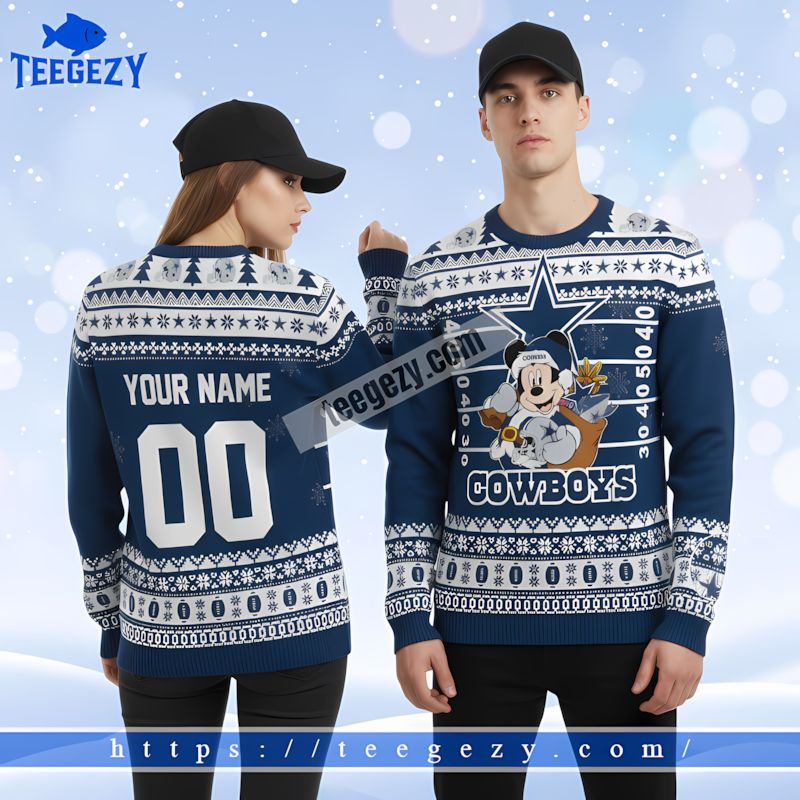 Personalized Dallas Cowboys Mickey Couples Ugly Sweater Blue Personalized Dallas Cowboys Mickey Couples Ugly Sweater Blue