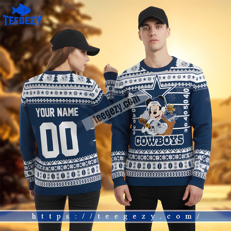 Personalized Dallas Cowboys Mickey Couples Ugly Sweater Blue Personalized Dallas Cowboys Mickey Couples Ugly Sweater Blue
