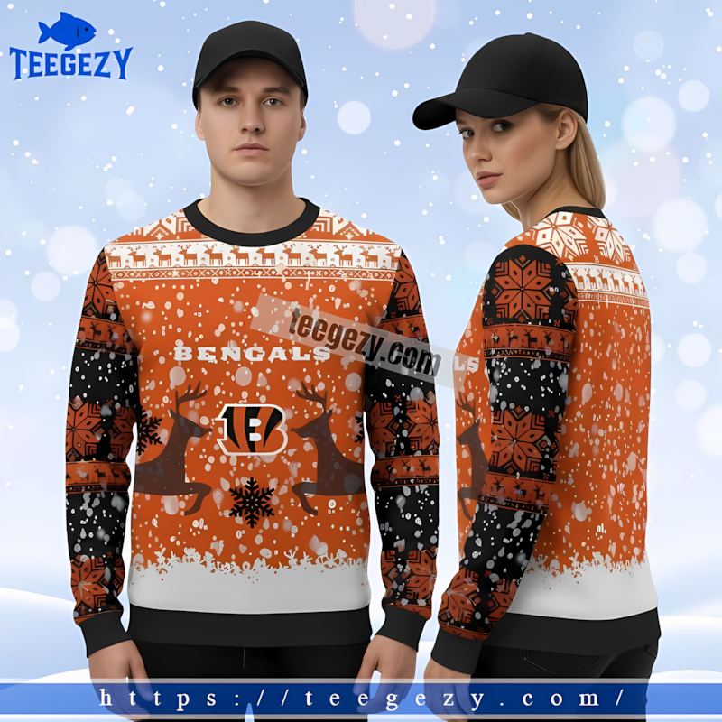 Reindeer Snowfall Cincinnati Bengals White Orange Mens Xmas Sweaters Reindeer Snowfall Cincinnati Bengals White Orange Mens Xmas Sweaters