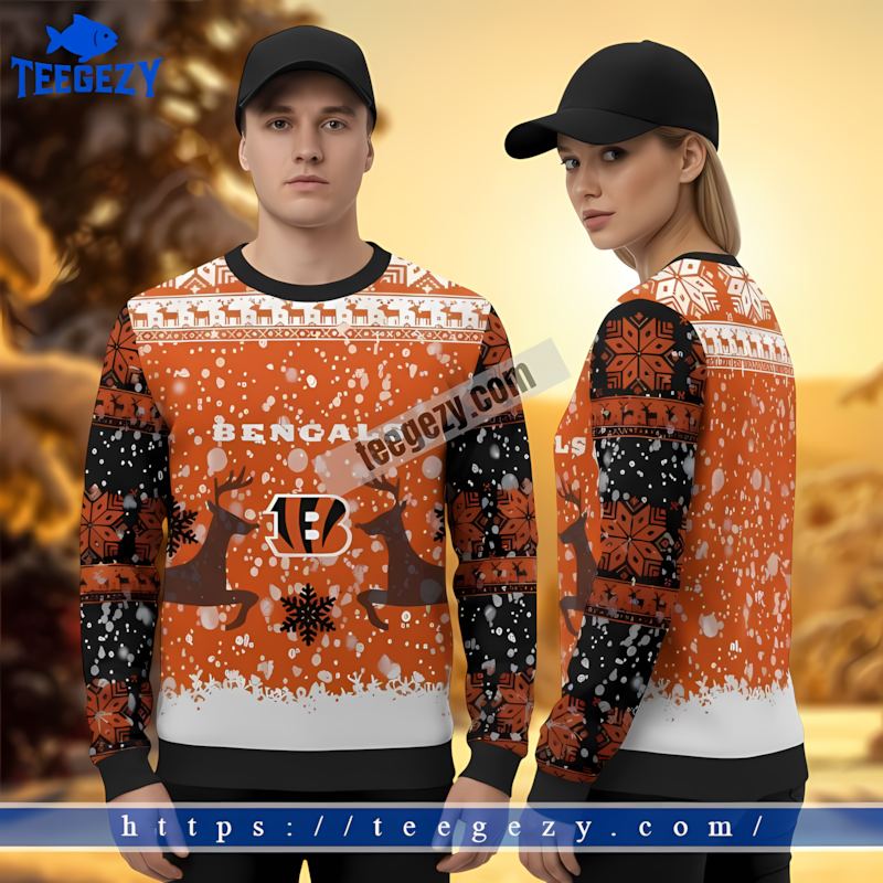 Reindeer Snowfall Cincinnati Bengals White Orange Mens Xmas Sweaters Reindeer Snowfall Cincinnati Bengals White Orange Mens Xmas Sweaters