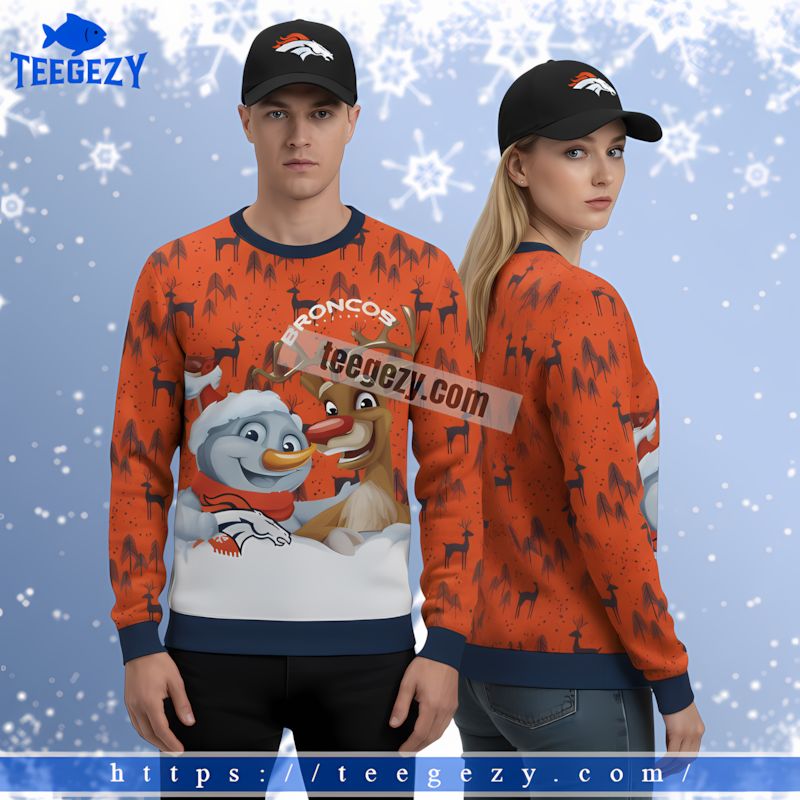 Reindeer Snowman Denver Broncos Christmas Ugly Sweater Orange Reindeer Snowman Denver Broncos Christmas Ugly Sweater Orange