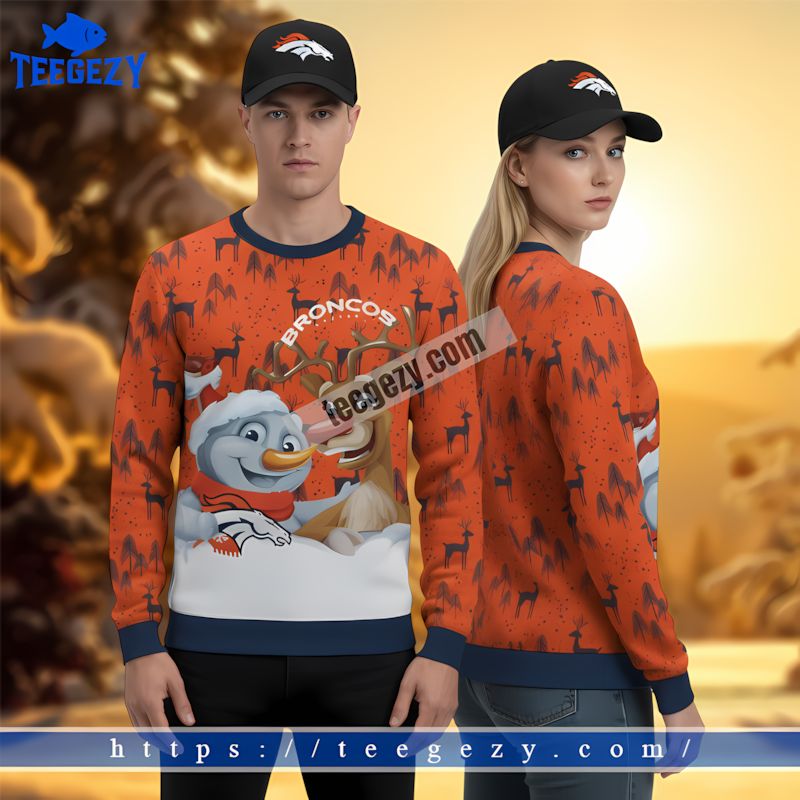 Reindeer Snowman Denver Broncos Christmas Ugly Sweater Orange Reindeer Snowman Denver Broncos Christmas Ugly Sweater Orange