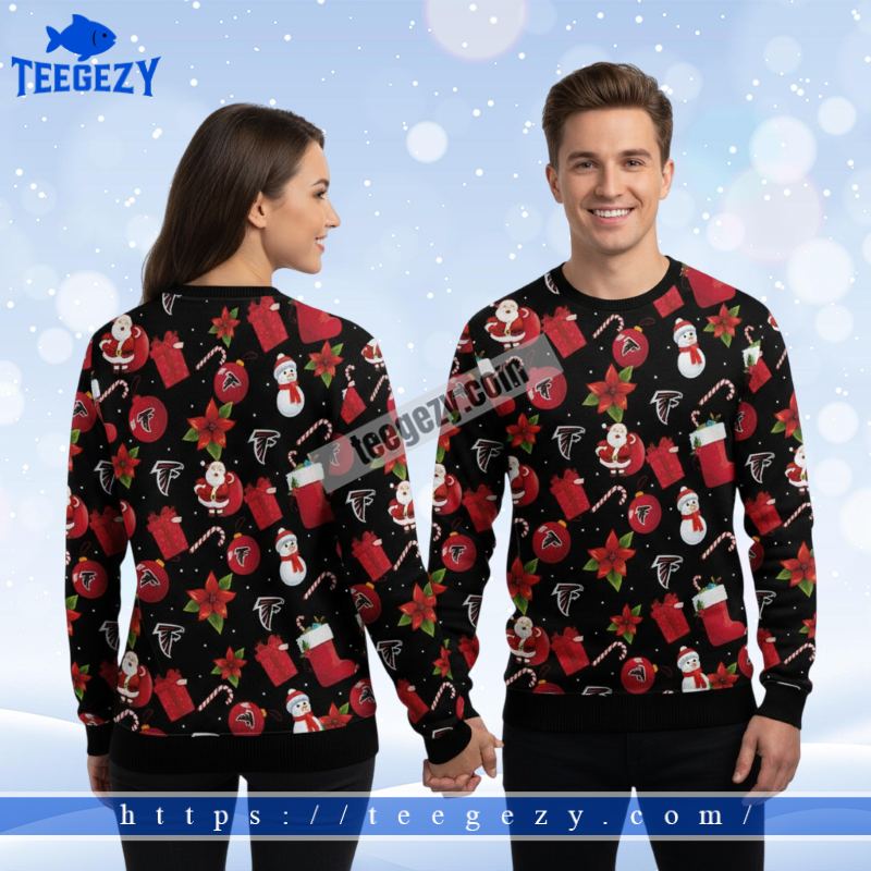 Santa Claus And Snowman Atlanta Falcons Black Cute Ugly Sweater Santa Claus And Snowman Atlanta Falcons Black Cute Ugly Sweater