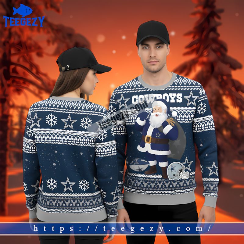 Santa Claus Coming Dallas Cowboys Family Christmas Ugly Sweater Blue Santa Claus Coming Dallas Cowboys Family Christmas Ugly Sweater Blue