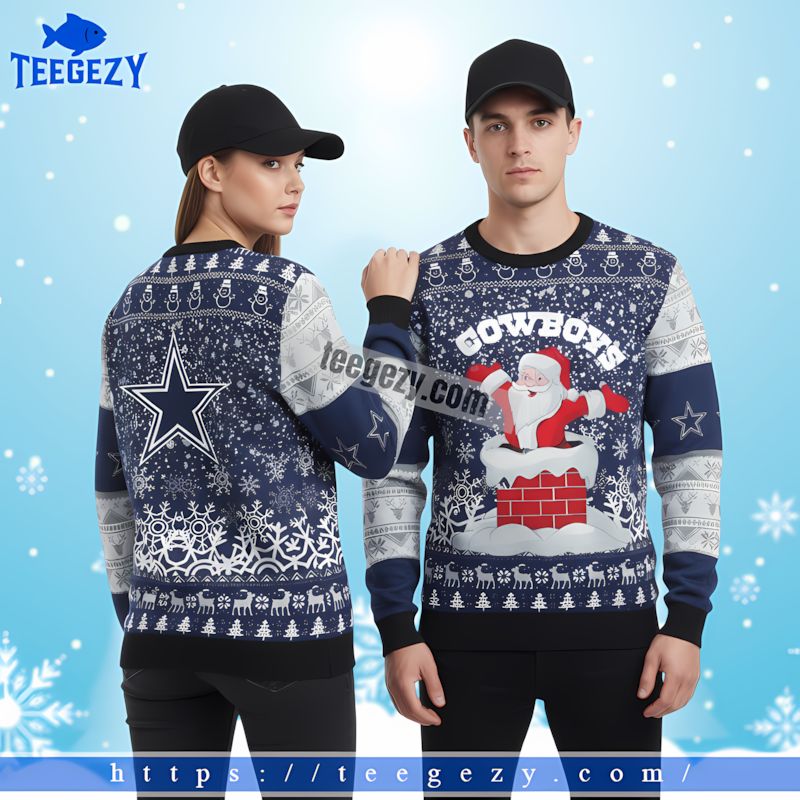 Santa Claus On Chimney Dallas Cowboys Family Xmas Ugly Sweater Blue Santa Claus On Chimney Dallas Cowboys Family Xmas Ugly Sweater Blue