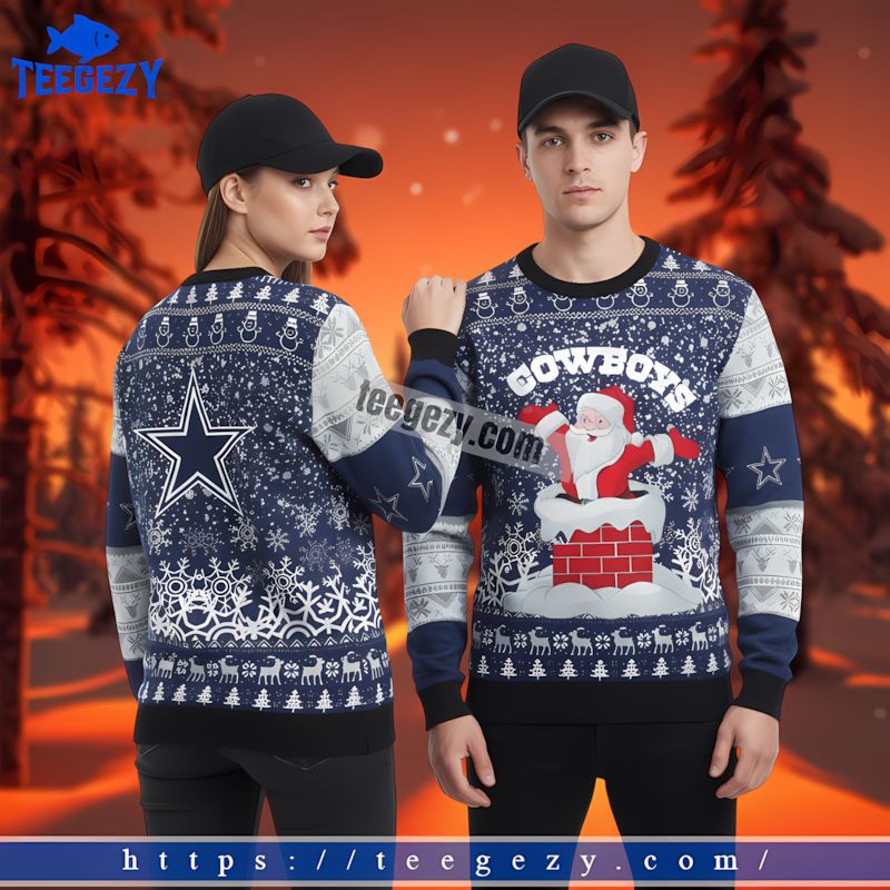 Santa Claus On Chimney Dallas Cowboys Family Xmas Ugly Sweater Blue Santa Claus On Chimney Dallas Cowboys Family Xmas Ugly Sweater Blue