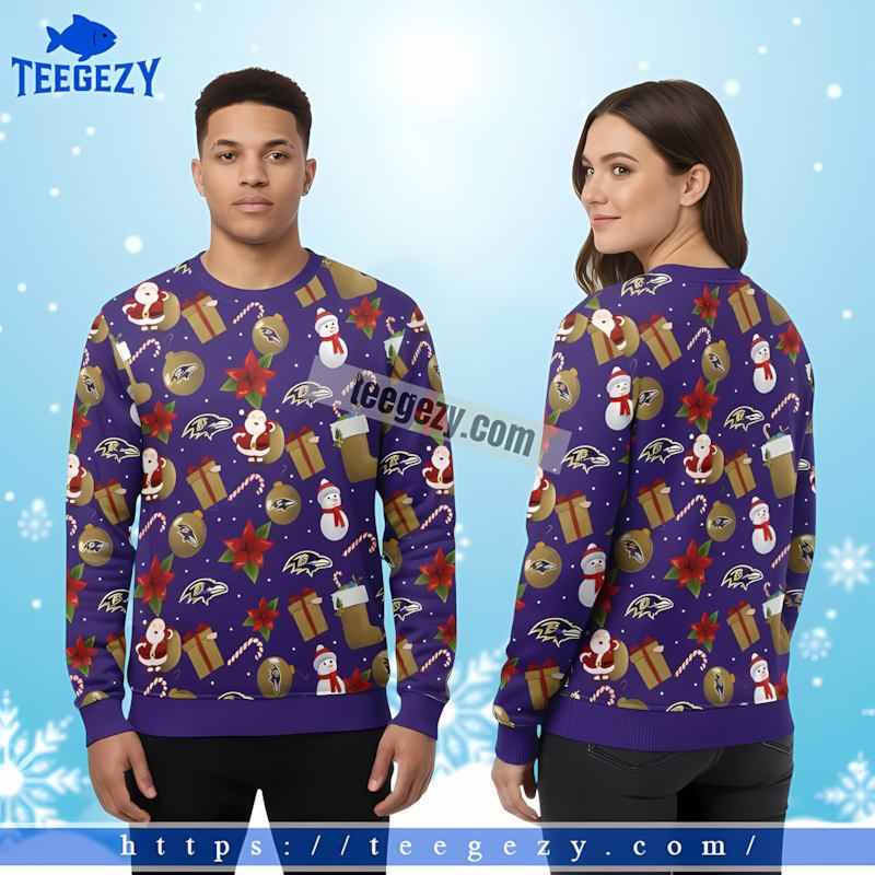 Santa Claus Snowman Baltimore Ravens Purple Crazy Christmas Ugly Sweater Santa Claus Snowman Baltimore Ravens Purple Crazy Christmas Ugly Sweater