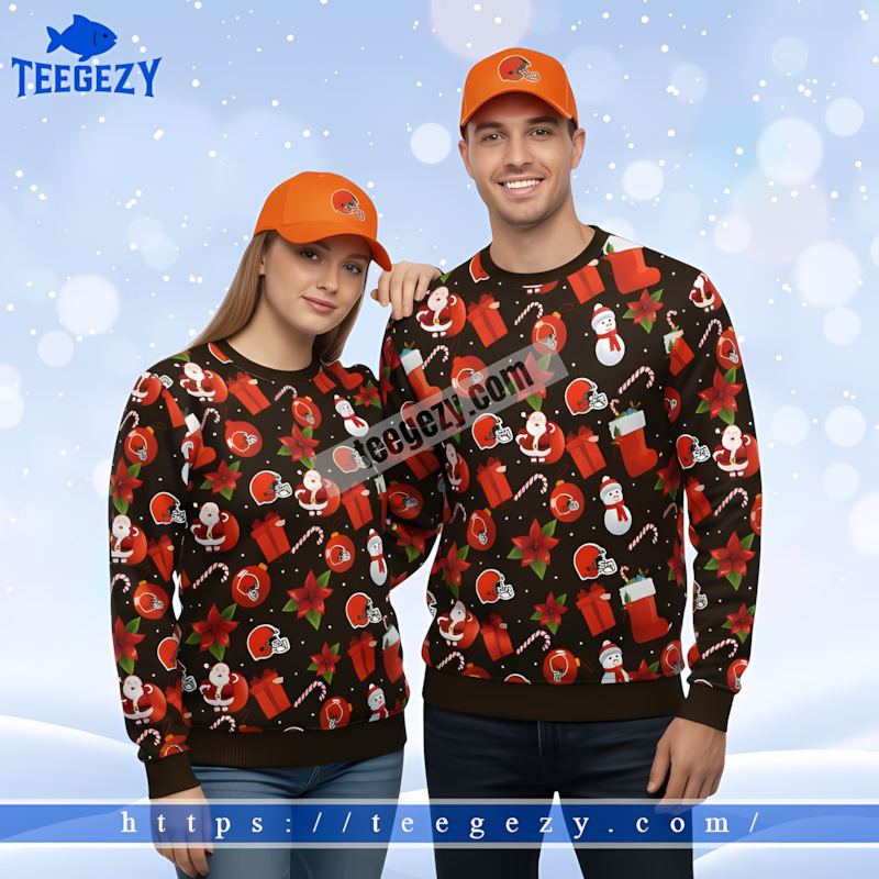 Santa Claus Snowman Cleveland Browns Red Black Cheap Ugly Christmas Sweater Santa Claus Snowman Cleveland Browns Red Black Cheap Ugly Christmas Sweater