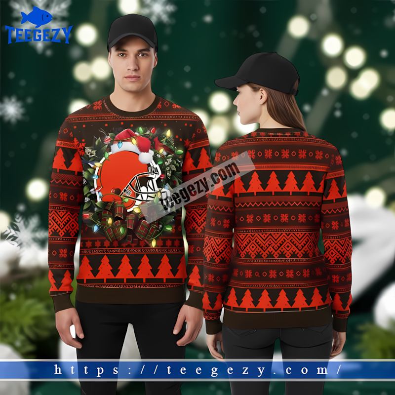 Santa Cleveland Browns Christmas Wreath Orange Black Best Ugly Christmas Sweaters Santa Cleveland Browns Christmas Wreath Orange Black Best Ugly Christmas Sweaters