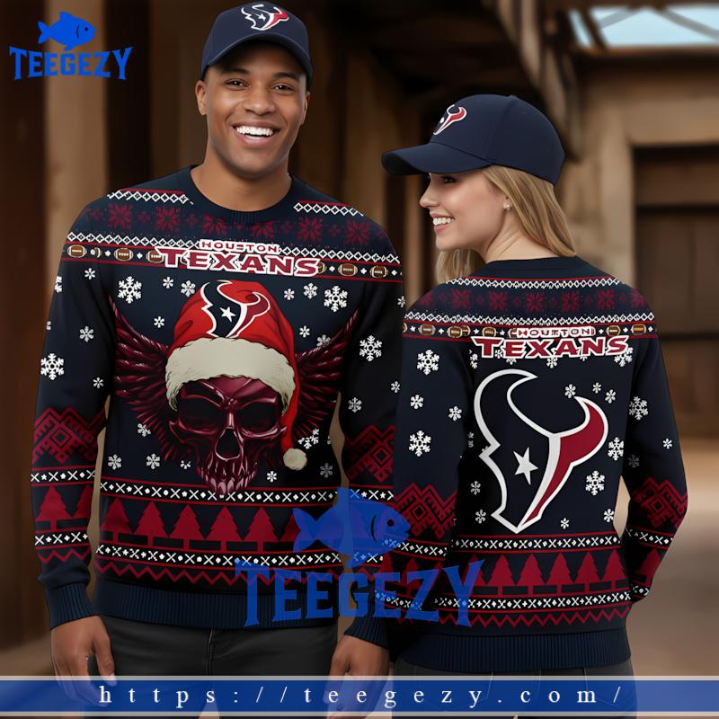 Santa Houston Texans Golden Skull Red Funny Ugly Christmas Sweater