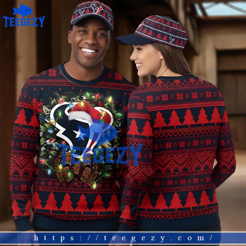 Santa Houston Texans Wreath Black Red Womens Ugly Christmas Sweater