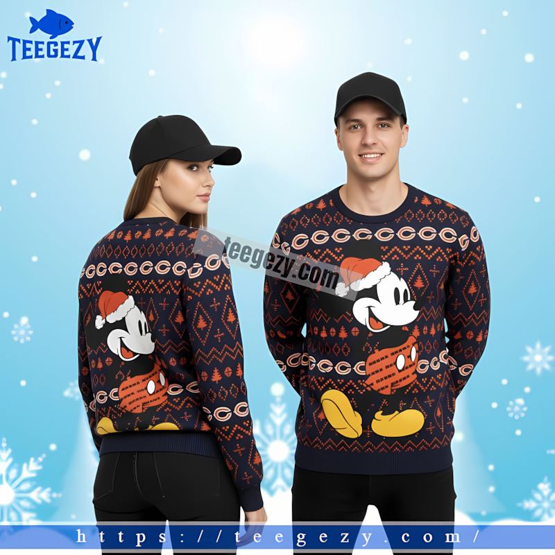 Santa Mick Mouse Chicago Bears Orange Blue Cute Ugly Christmas Sweater Santa Mick Mouse Chicago Bears Orange Blue Cute Ugly Christmas Sweater