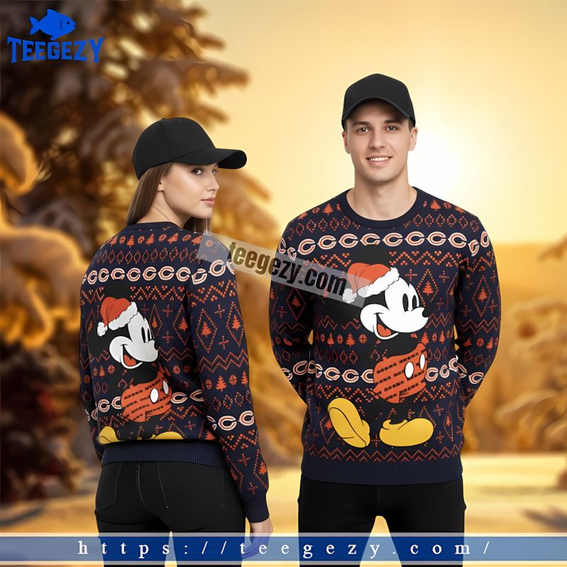 Santa Mick Mouse Chicago Bears Orange Blue Cute Ugly Christmas Sweater Santa Mick Mouse Chicago Bears Orange Blue Cute Ugly Christmas Sweater