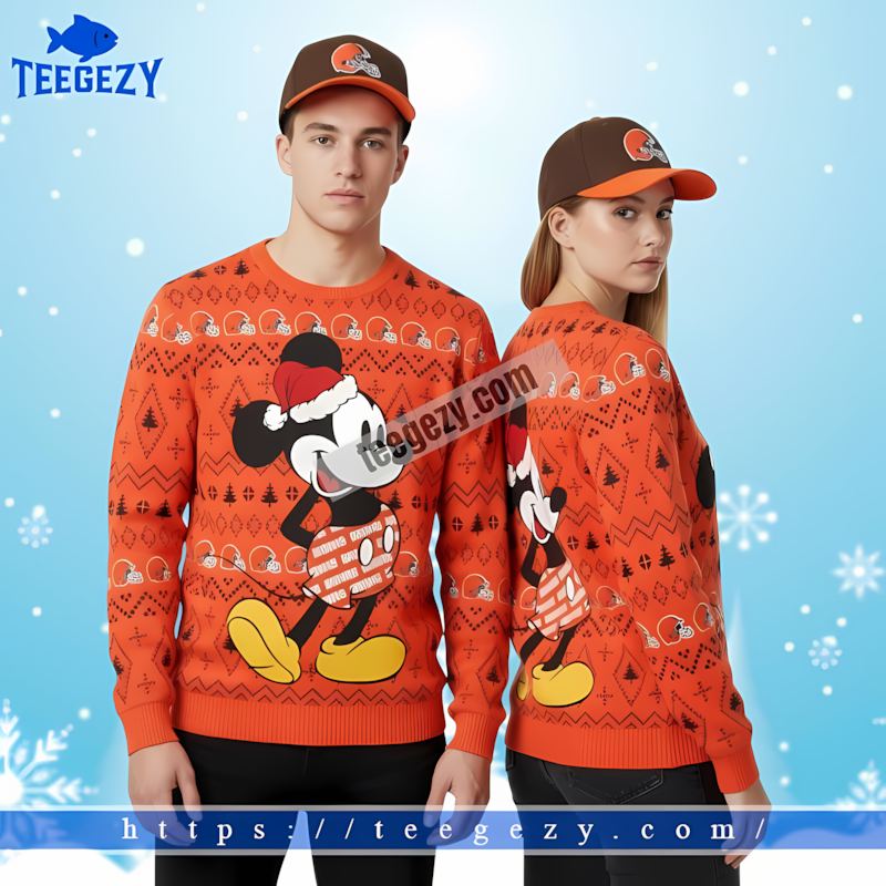 Santa Mickey Mouse Cleveland Browns Orange Christmas Sweater Women Santa Mickey Mouse Cleveland Browns Orange Christmas Sweater Women