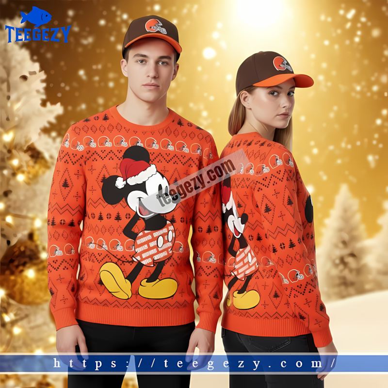 Santa Mickey Mouse Cleveland Browns Orange Christmas Sweater Women Santa Mickey Mouse Cleveland Browns Orange Christmas Sweater Women