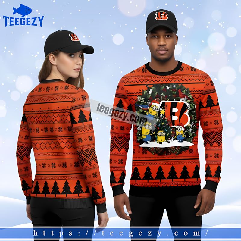 Santa Minion Cincinnati Bengals Black Orange Ugly Sweaters For Couples Santa Minion Cincinnati Bengals Black Orange Ugly Sweaters For Couples